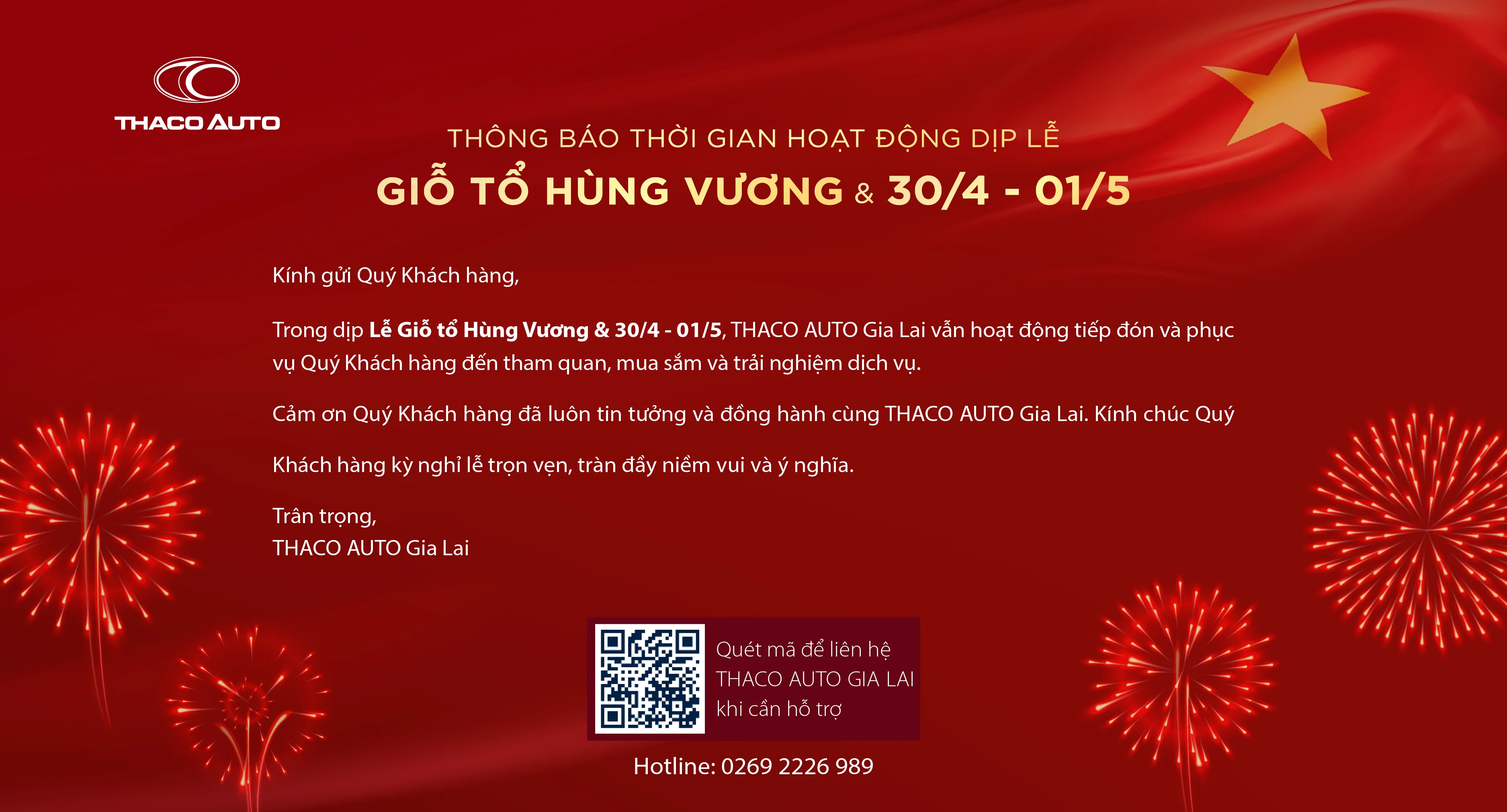 THACO AUTO Gia Lai thông báo thời gian hoạt động dịp lễ Giỗ Tổ Hùng Vương & 30/4 - 01/5