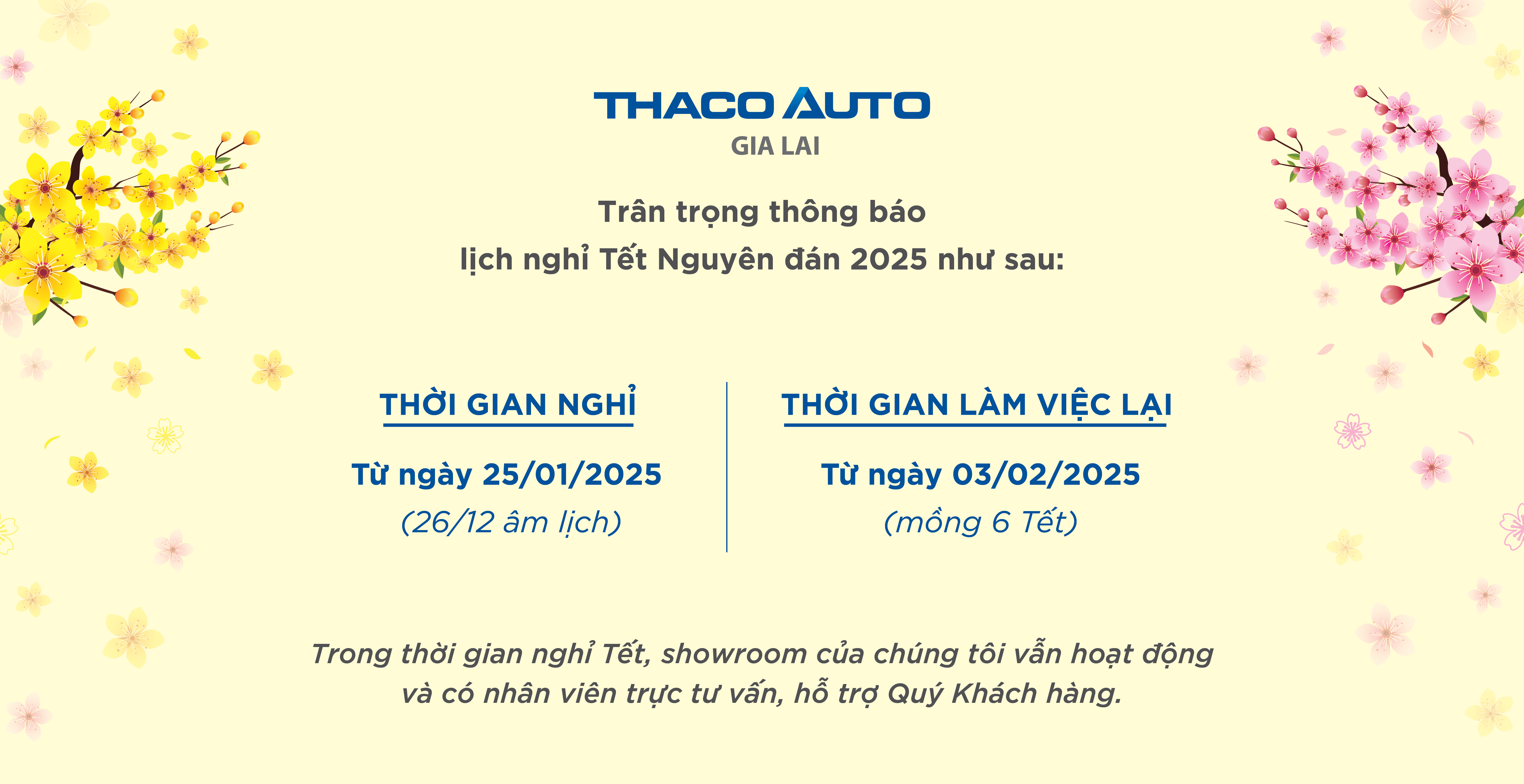 THACO AUTO Gia Lai thông báo lịch nghỉ Tết Ất Tỵ 2025